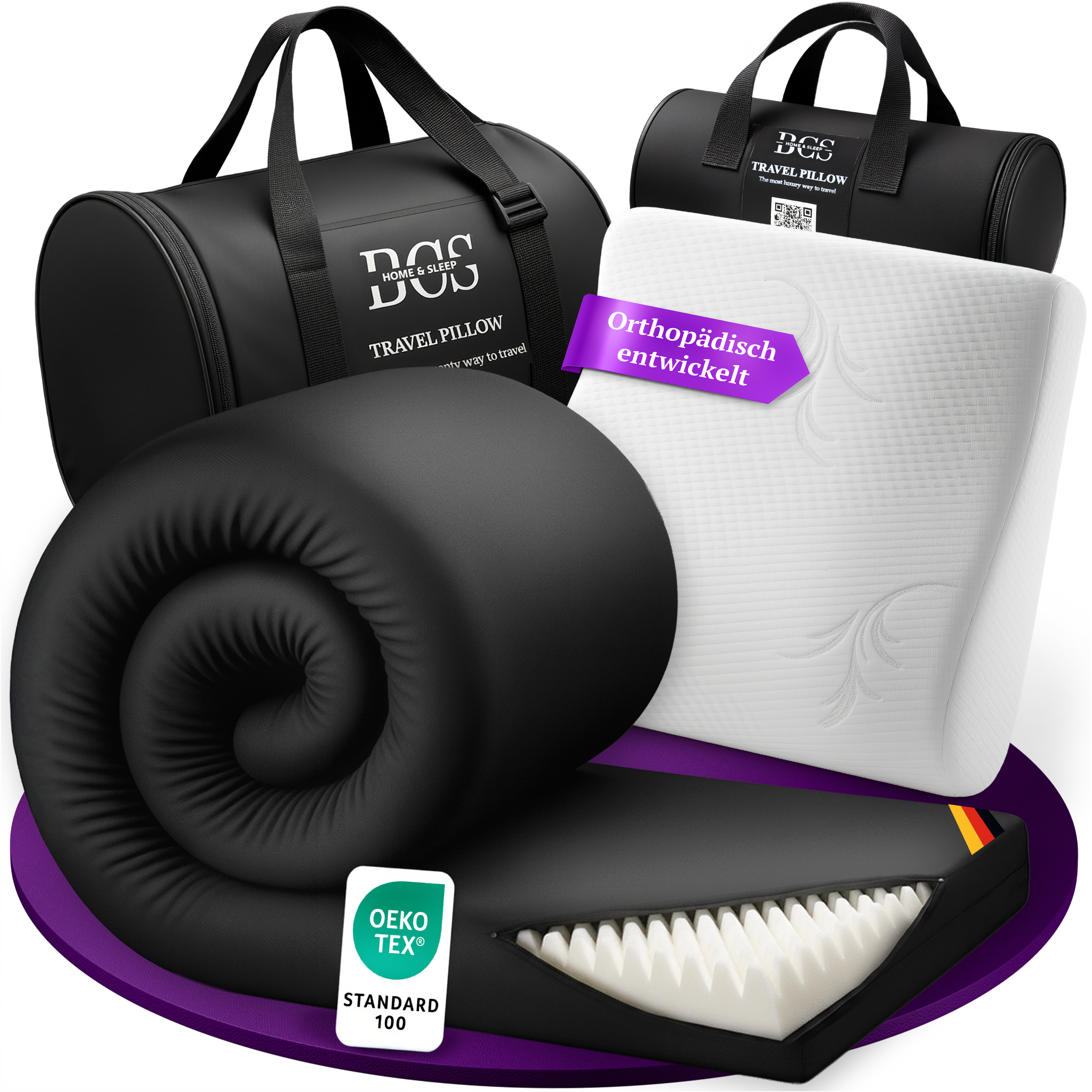 BCSHome Reise-Set – 2-teilig mit Viscoschaum Reisetopper  und ergonomischem Memory-Foam Nackenkissen (50x30cm)