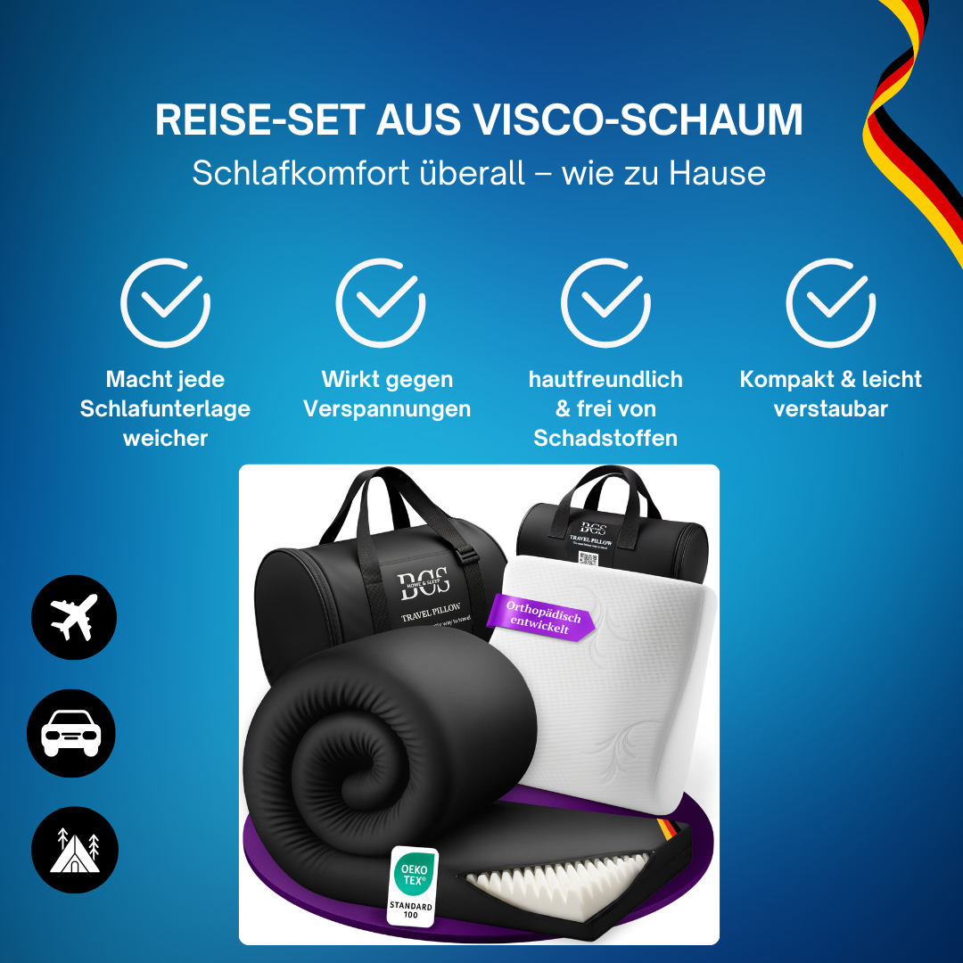BCSHome Reise-Set – 2-teilig mit Viscoschaum Reisetopper  und ergonomischem Memory-Foam Nackenkissen (50x30cm)